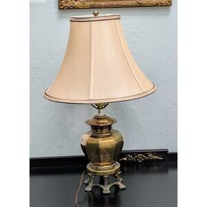 Vintage Footed Brass Bombay Table Lamp Linen Shade Ginger Jar Shape